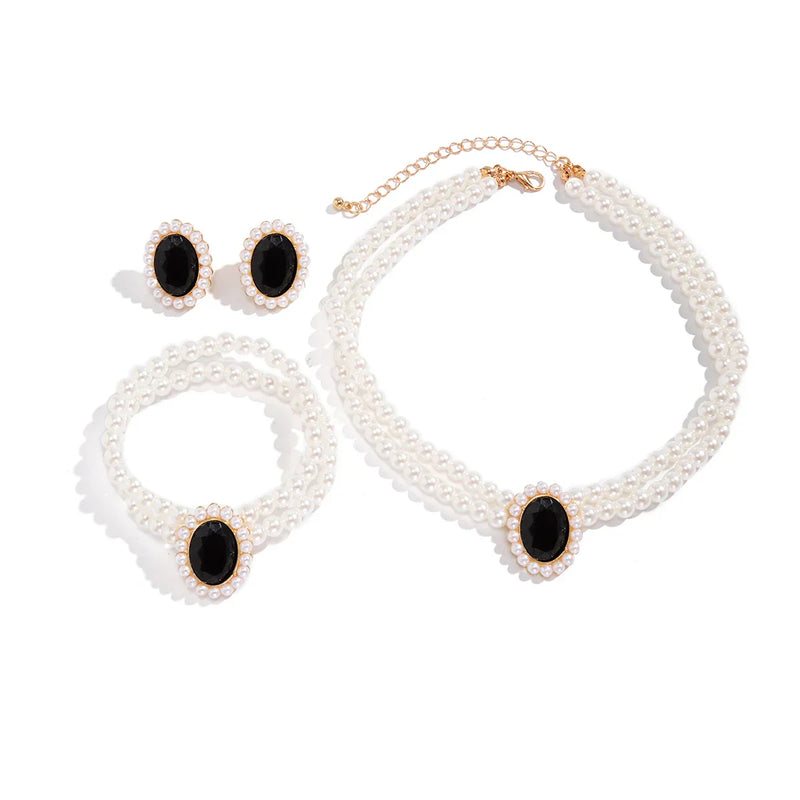 Conjunto Feminino Colar, Pulseira e Brinco de Pérolas